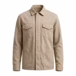 Berg work jacket in stone cotton twill, full front view with zip storm flap and chest pockets