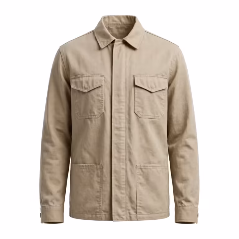 Berg work jacket in stone cotton twill, full front view with zip storm flap and chest pockets