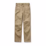 Boys double knee pants in khaki cotton twill, full front view with flat front, belt loops and reinforced double knee stitch lines on both legs