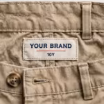 Close-up of the boys double knee pants inside back waistband with woven YOUR BRAND label and waistband stitching
