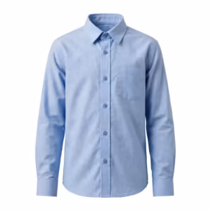 Boys' long sleeve school shirt in light blue cotton oxford, full front view with shirt collar, button placket and chest pocket