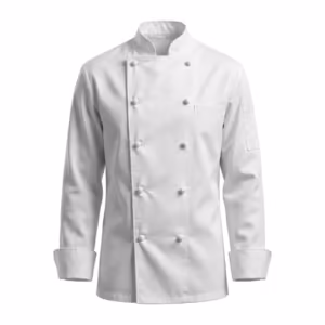 White double-breasted chef jacket in poly-cotton twill, full front view with stand collar, two rows of cloth knot buttons, chest welt pocket and sleeve pen pocket