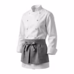 White chef jacket with a stone grey waist apron tied at the front, three-quarter angle view showing the knot-button front and the apron split pocket