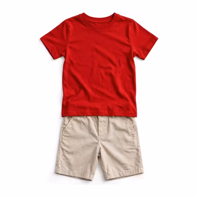 Children's t-shirt and shorts set in red cotton jersey and stone woven cotton, full front view with crew neck tee, belt loops and slanted pockets on the shorts