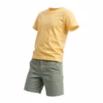 Children's t-shirt and shorts set in yellow cotton jersey and sage woven cotton, three-quarter angle view with belt-loop shorts and slanted pockets