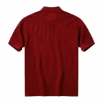 Back view of the burgundy corporate polo shirt with plain back panel, collar seen from behind and flat stitched hem