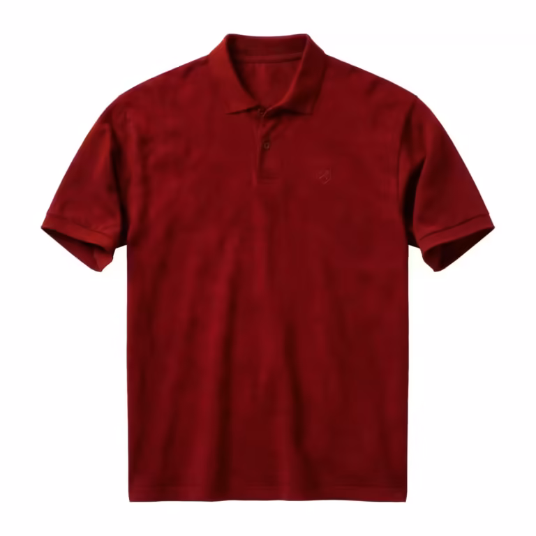 Men's corporate polo shirt in burgundy cotton pique with knitted collar, two-button placket and a small embroidered shield logo on the chest, full front view