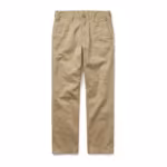 Men's cotton twill pants in khaki, full front view of the five-pocket trouser with slanted front pockets, coin pocket, button fly and belt loops