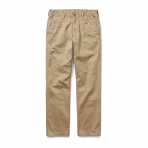 Men's cotton twill pants in khaki, full front view of the five-pocket trouser with slanted front pockets, coin pocket, button fly and belt loops