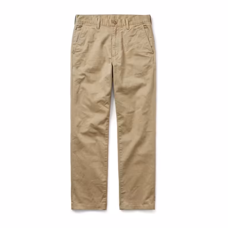 Men's cotton twill pants in khaki, full front view of the five-pocket trouser with slanted front pockets, coin pocket, button fly and belt loops