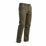 Men's cotton twill pants in olive, three-quarter ghost form angle showing the slanted front pocket, button fly and straight regular leg