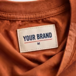 Close-up of the inside back neck of the custom made t-shirt showing the cream woven YOUR BRAND label with navy lettering, a red rule line and the size M mark, stitched into the neck binding