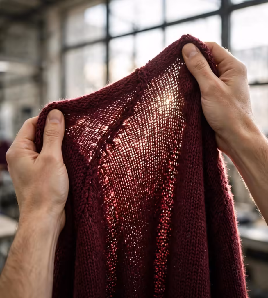 Checking a knitted sweater against the light for defects