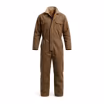 Men's insulated work coverall in brown cotton duck canvas, full front view with quilted stand collar, concealed two-way zip under a snap storm flap, two chest pockets with flaps and elastic waist sections