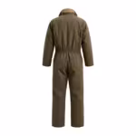 Men's insulated work coverall in olive cotton duck canvas, back view with bi-swing action pleats at the shoulders, elasticated back waistband, one back pocket and quilted lining at the collar