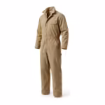 Men's insulated work coverall in tan cotton duck canvas, three-quarter ghost form angle showing the quilted collar, snap storm flap, chest pocket in profile, elastic waist and leg rule pocket