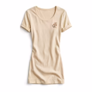 Ladies fashion design t-shirt in warm cream cotton jersey, full front view with scoop neck, rolled sleeves and a small embroidered floral sprig on the left chest