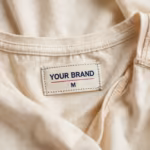 Close-up of the inside back neck of the cream fashion design t-shirt showing the cream woven YOUR BRAND label with navy lettering, a red rule line and the size M mark, sewn below the twin-needle stitched neck binding