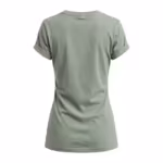 Back view of the ladies fashion design t-shirt in soft sage green cotton jersey, shaped fit with rolled sleeves and a plain blank woven label at the back neck