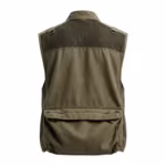 Fishing vest back view in olive cotton canvas with mesh yoke panel and full width game pocket