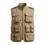 Fishing vest in stone cotton canvas, full front view with zip front, fly-box chest pockets, bellows pockets and D-rings