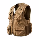 Fishing vest in tan cotton canvas, three-quarter angle showing chest pockets, D-rings and mesh shoulder panel