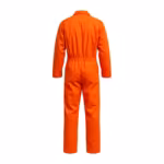 Men's one-piece flame resistant coverall in safety orange, back view with bi-swing action pleats at the shoulders, a wide elasticated back waistband and one back hip pocket