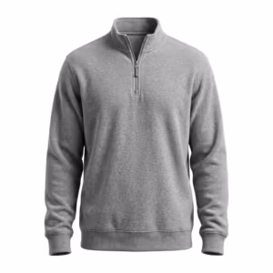 Men's quarter-zip fleece pullover in grey marl anti-pill microfleece, full front view with a stand collar, metal quarter zip, ribbed cuffs and a ribbed bottom band
