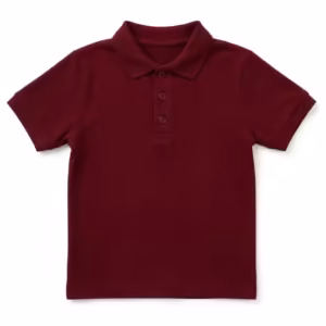 Girls' short sleeve polo shirt in burgundy cotton pique with knitted collar, three-button placket and ribbed sleeve cuffs, full front view