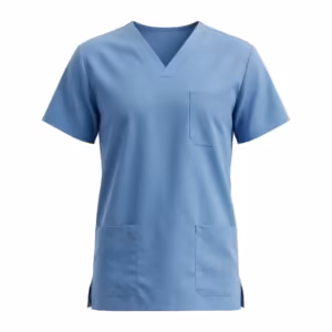 Ceil blue V-neck scrub top in poly-cotton twill, full front view with short sleeves, two lower patch pockets, one chest pocket and side vents at the hem