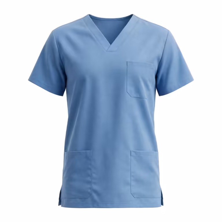 Ceil blue V-neck scrub top in poly-cotton twill, full front view with short sleeves, two lower patch pockets, one chest pocket and side vents at the hem