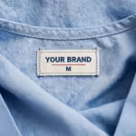 Close-up of the inside back neck of the ceil blue scrub top showing the cream woven YOUR BRAND label with navy lettering, a red rule line and the size M mark, stitched into the inside back neck band