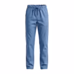 Ceil blue scrub trousers in poly-cotton twill, full front view with drawstring waist, elastic back, straight legs and one cargo pocket
