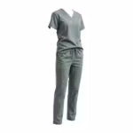 Sage green scrub set in poly-cotton twill, V-neck top over drawstring trousers, three-quarter angle view of the full outfit