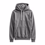 Men's pullover hoodie in grey marl brushed fleece, full front view with a two-panel drawcord hood, white flat drawcords, a kangaroo pocket with ribbed side gussets, ribbed cuffs and a ribbed hem band