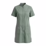 Sage green zip-front housekeeping tunic in poly-cotton, full front view with stand collar, concealed zip placket, chest pocket, two lower patch pockets and side hem vents
