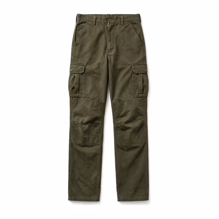 Men's hunting trousers in olive heavy cotton canvas, full front view with reinforced leg panels, bellows cargo pockets with button flaps and deep slanted front pockets