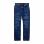 Men's jeans pants in mid indigo denim, full front view of the classic five-pocket jean with scoop front pockets, coin pocket, copper rivets, belt loops and golden-brown contrast topstitching