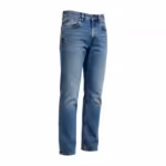 Men's jeans pants in stonewash denim, three-quarter ghost form angle showing the scoop front pocket, coin pocket, copper rivets and the straight leg line