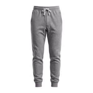 Men's cuffed jogger pants in grey marl brushed fleece, full front view with a wide elastic waistband, white flat drawcord, two slanted side pockets, a diamond gusset and deep ribbed ankle cuffs