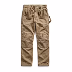 Men's kneepad work trousers in khaki poly-cotton twill, full front view with top-loading knee pad pockets, floating holster pockets with tool slots, slanted front pockets and a hammer loop