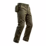 Men's kneepad work trousers in olive poly-cotton twill, three-quarter ghost form angle showing the floating holster pocket in profile and the knee pad pocket panel on the front leg