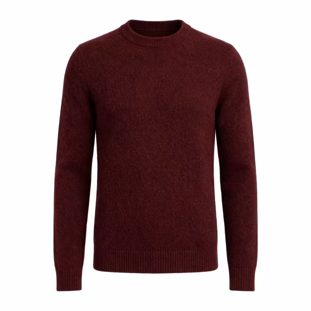 Men's knitted crew neck pullover in burgundy, full front view with a ribbed neckband, set-in sleeves, ribbed cuffs and a ribbed hem knitted into the garment
