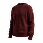 Burgundy knitted crew-neck sweater from the same knitwear range, three-quarter view showing the ribbed crew neckline, the closed pullover front, raglan sleeves, ribbed cuffs and ribbed hem