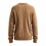 Camel knitted crew-neck sweater back view with a low straight back neckline band, plain back panel, ribbed cuffs and ribbed hem