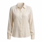 Ladies blouse in ivory woven rayon, full front view with shirt collar, button placket and long button-cuff sleeves