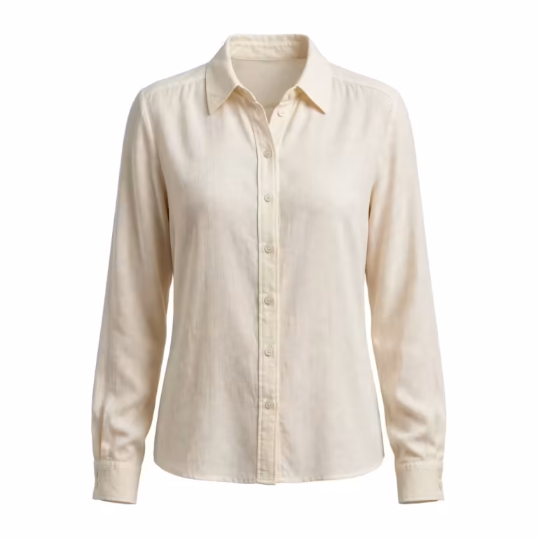 Ladies blouse in ivory woven rayon, full front view with shirt collar, button placket and long button-cuff sleeves