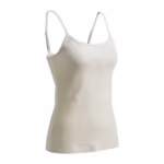 Ladies camisole in ivory cotton rib knit, three-quarter angle view with bound scoop neckline and adjustable spaghetti straps