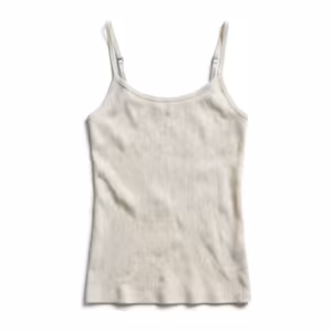 Ladies camisole in ivory cotton rib knit, full front view with adjustable spaghetti straps, small sliders and a bound scoop neckline