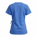 Ceil blue ladies cross over scrub top in poly-cotton poplin, back view with a shallow yoke seam, plain shaped back, side tie ends and side vents at the hem